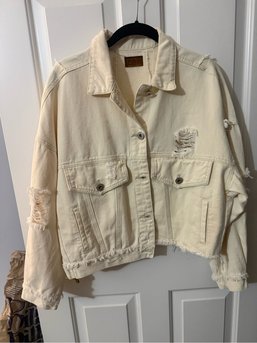 POL Cream Distressed Cropped Denim Jacket